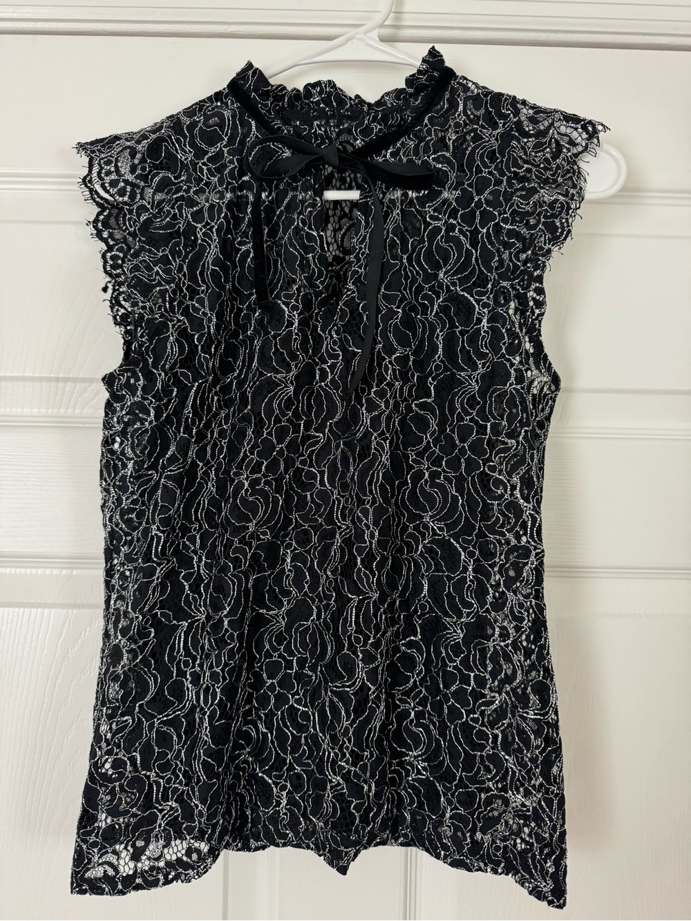 WHBM Black Lace Sleeveless Bow Neck Blouse